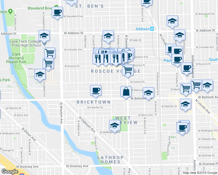 map of restaurants, bars, coffee shops, grocery stores, and more near 3300 North Hoyne Avenue in Chicago