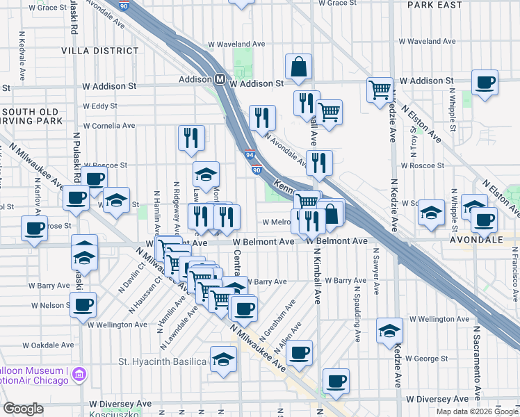 map of restaurants, bars, coffee shops, grocery stores, and more near 3350 West School Street in Chicago