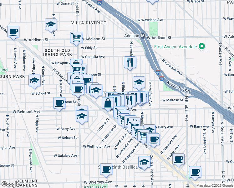 map of restaurants, bars, coffee shops, grocery stores, and more near 3316 North Ridgeway Avenue in Chicago