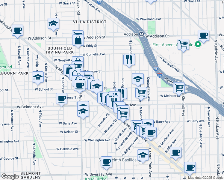 map of restaurants, bars, coffee shops, grocery stores, and more near 3314 Alley in Chicago
