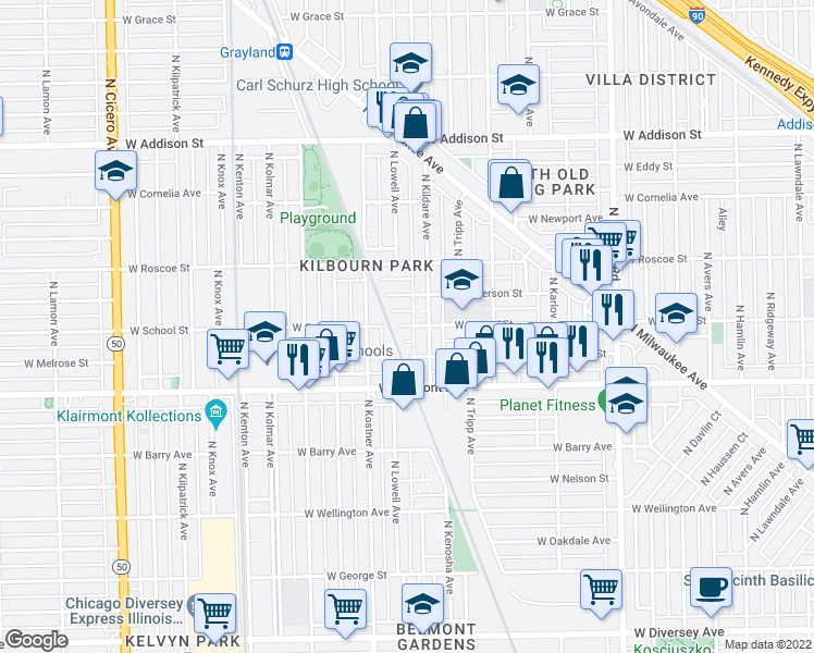 map of restaurants, bars, coffee shops, grocery stores, and more near 3318 North Kildare Avenue in Chicago