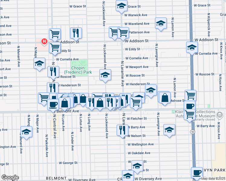 map of restaurants, bars, coffee shops, grocery stores, and more near 5216 West Henderson Street in Chicago