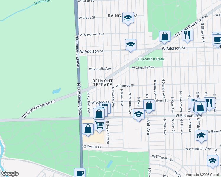 map of restaurants, bars, coffee shops, grocery stores, and more near 3411 North Pioneer Avenue in Chicago