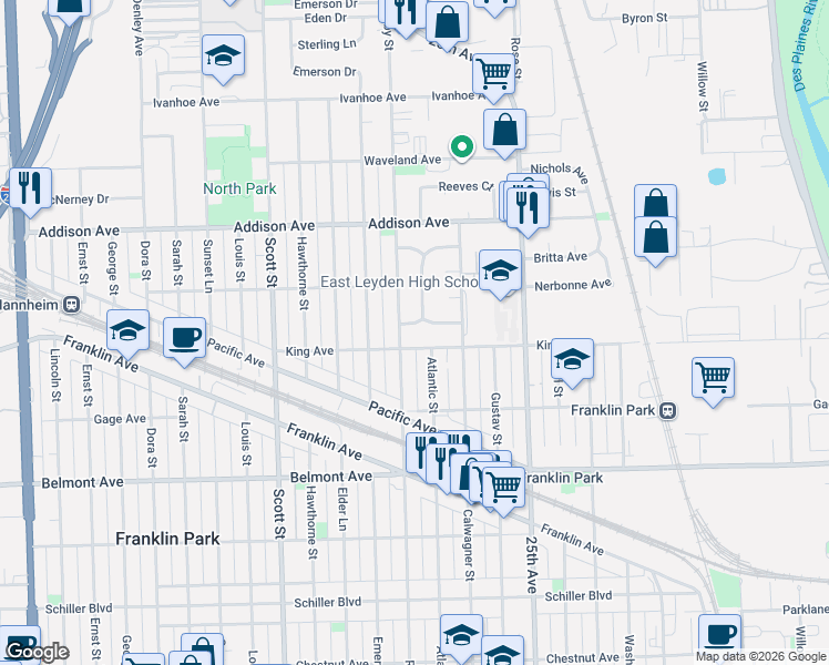 map of restaurants, bars, coffee shops, grocery stores, and more near 3432 Lonnquist Drive in Franklin Park