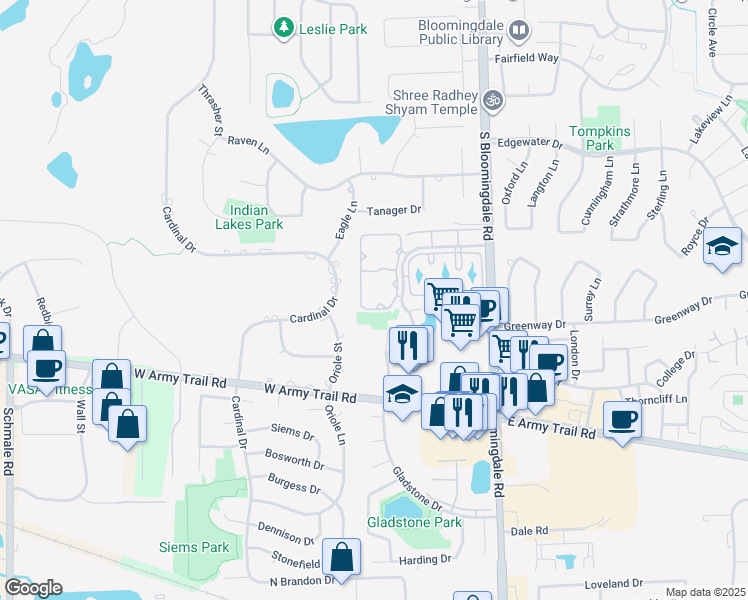 map of restaurants, bars, coffee shops, grocery stores, and more near 2282 Century Point Lane in Glendale Heights