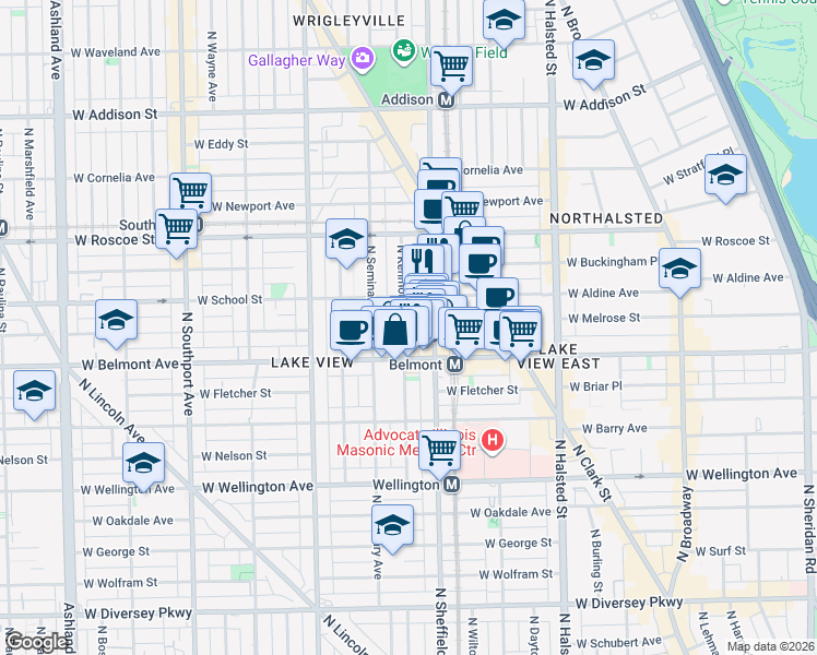 map of restaurants, bars, coffee shops, grocery stores, and more near 3231 North Kenmore Avenue in Chicago