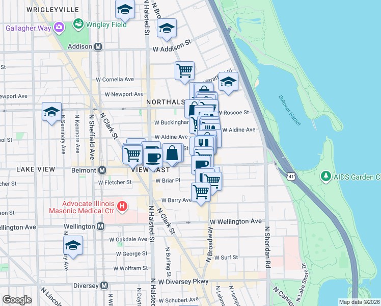 map of restaurants, bars, coffee shops, grocery stores, and more near 637 West Melrose Street in Chicago