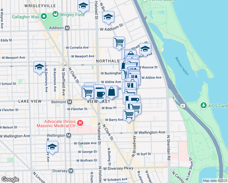 map of restaurants, bars, coffee shops, grocery stores, and more near 653 West Aldine Avenue in Chicago