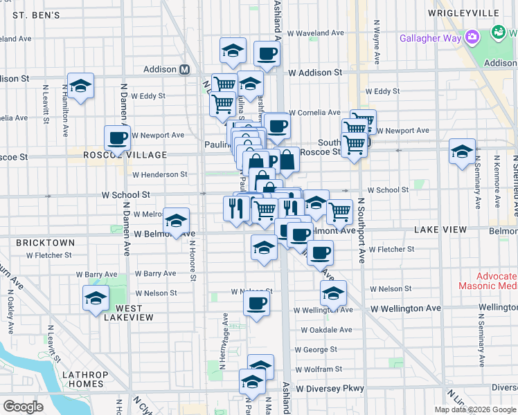 map of restaurants, bars, coffee shops, grocery stores, and more near 1636 West Melrose Street in Chicago