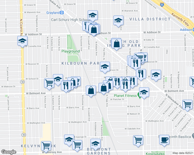 map of restaurants, bars, coffee shops, grocery stores, and more near W School St & N Kildare Ave in Chicago