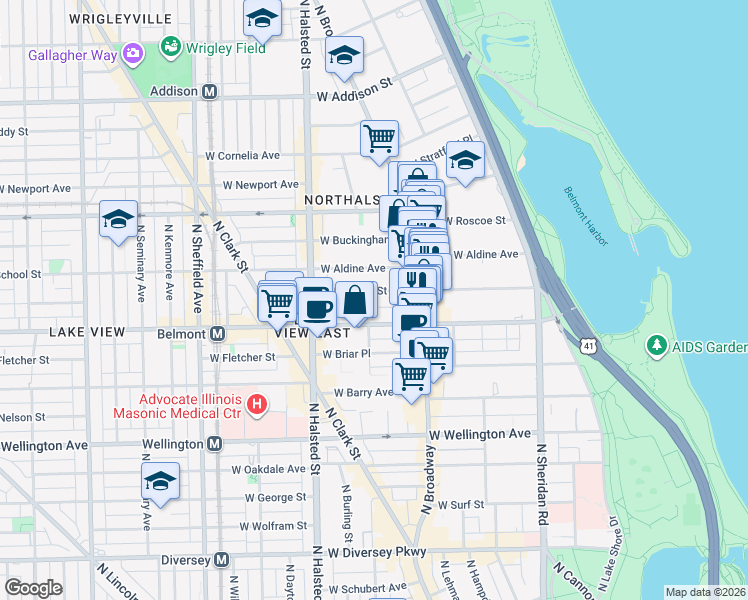map of restaurants, bars, coffee shops, grocery stores, and more near 653 West Melrose Street in Chicago