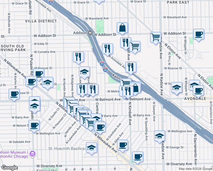 map of restaurants, bars, coffee shops, grocery stores, and more near 3350 West School Street in Chicago
