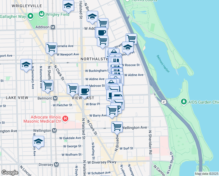 map of restaurants, bars, coffee shops, grocery stores, and more near 621 West Melrose Street in Chicago