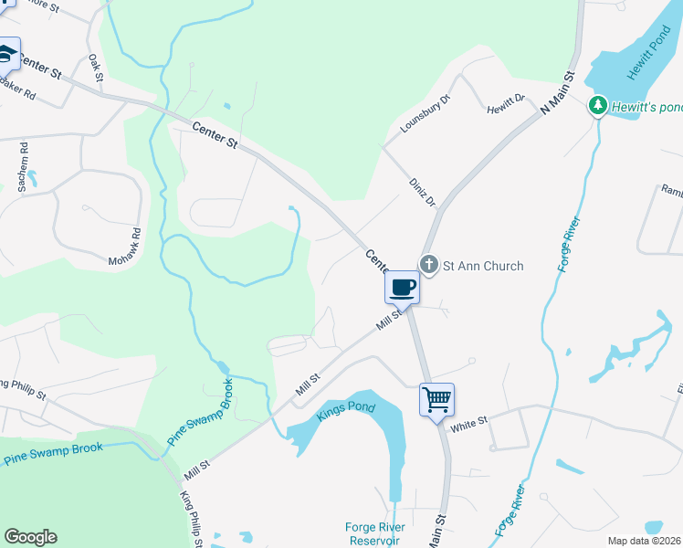 map of restaurants, bars, coffee shops, grocery stores, and more near 41 Rose Terrace in Raynham