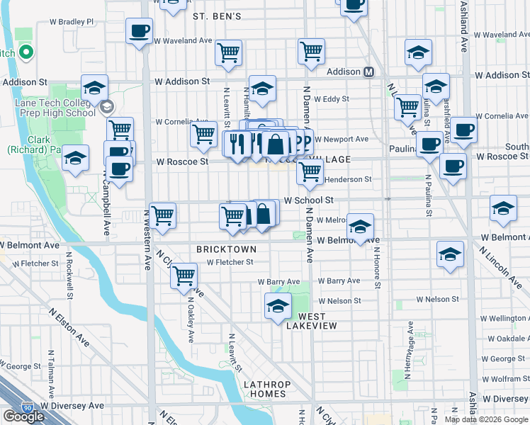 map of restaurants, bars, coffee shops, grocery stores, and more near 3300 North Hoyne Avenue in Chicago