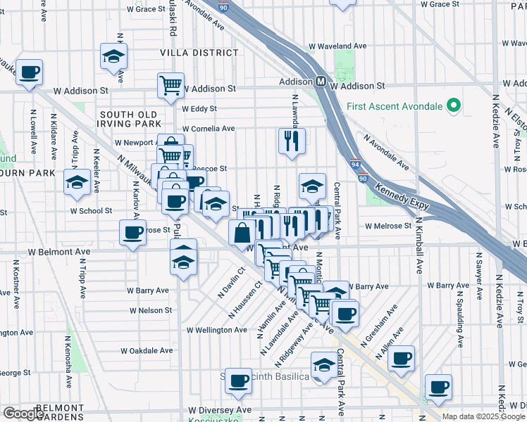 map of restaurants, bars, coffee shops, grocery stores, and more near 3316 North Ridgeway Avenue in Chicago