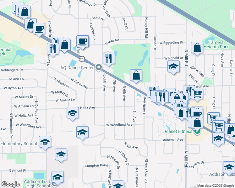 map of restaurants, bars, coffee shops, grocery stores, and more near 737 7th Avenue in Addison