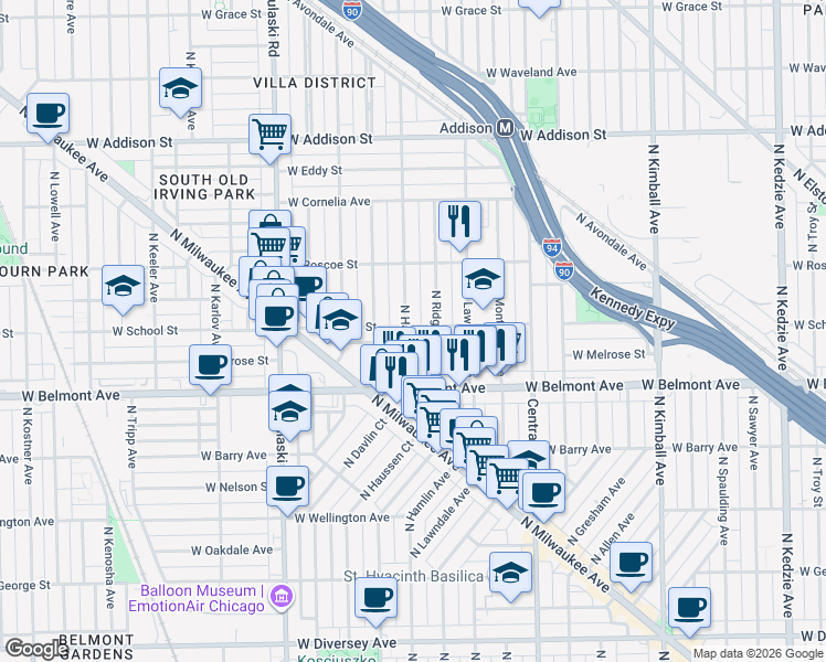 map of restaurants, bars, coffee shops, grocery stores, and more near 3316 North Ridgeway Avenue in Chicago