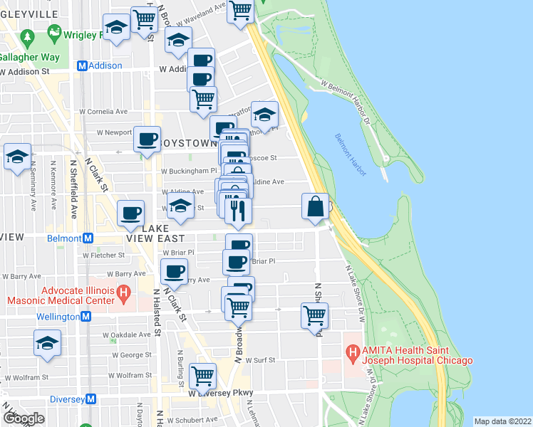 map of restaurants, bars, coffee shops, grocery stores, and more near 500 West Melrose Street in Chicago