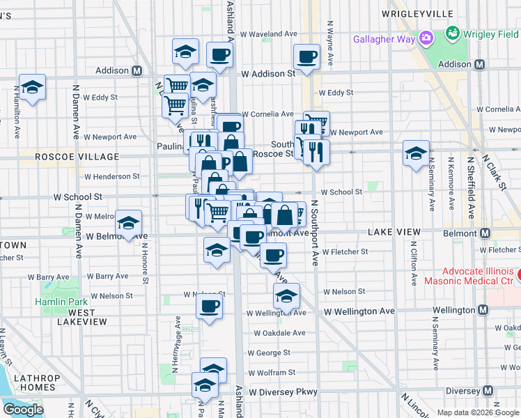 map of restaurants, bars, coffee shops, grocery stores, and more near 1529 West School Street in Chicago