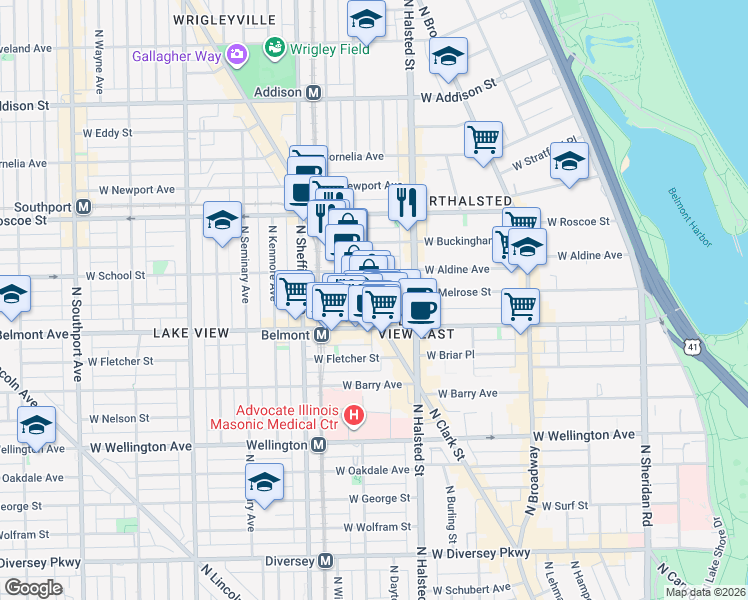 map of restaurants, bars, coffee shops, grocery stores, and more near 3231 North Clark Street in Chicago