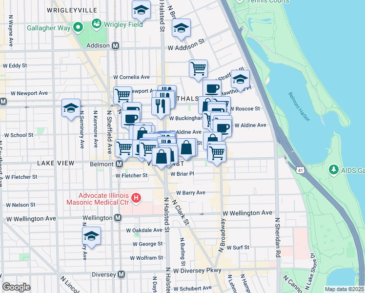 map of restaurants, bars, coffee shops, grocery stores, and more near 721 West Melrose Street in Chicago