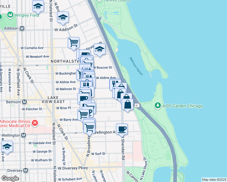 map of restaurants, bars, coffee shops, grocery stores, and more near 420 West Melrose Street in Chicago
