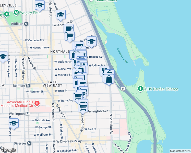 map of restaurants, bars, coffee shops, grocery stores, and more near 505 West Melrose Street in Chicago