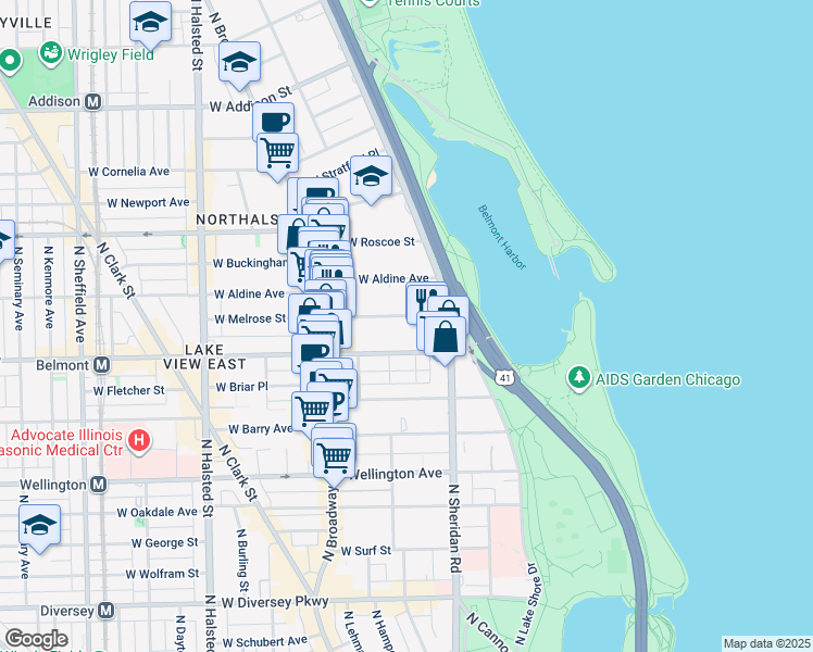map of restaurants, bars, coffee shops, grocery stores, and more near 500 West Melrose Street in Chicago