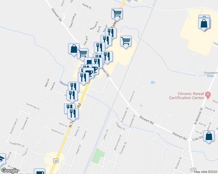 map of restaurants, bars, coffee shops, grocery stores, and more near 1199 Stewart Road in Monroe