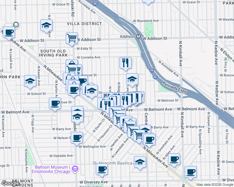 map of restaurants, bars, coffee shops, grocery stores, and more near 3316 North Ridgeway Avenue in Chicago