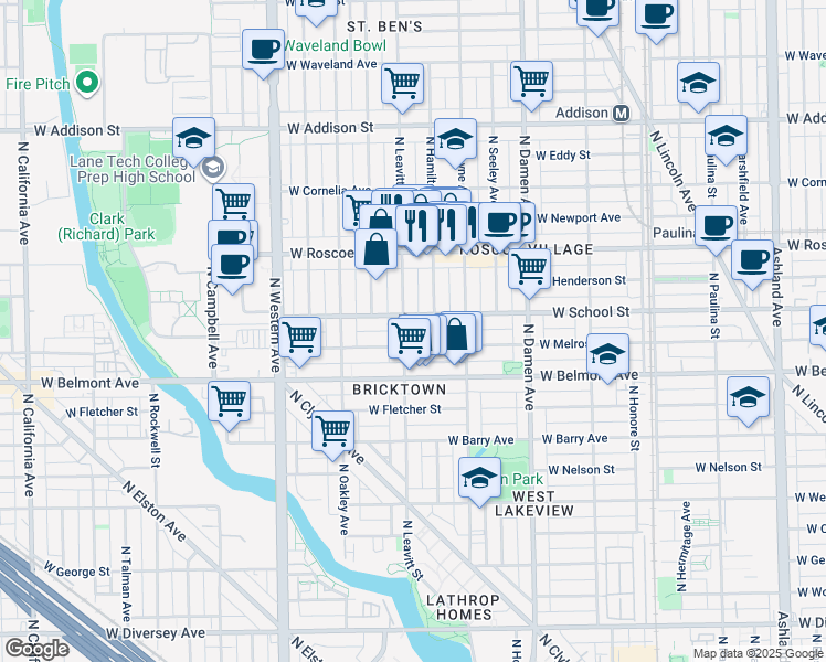 map of restaurants, bars, coffee shops, grocery stores, and more near 3247 North Leavitt Street in Chicago