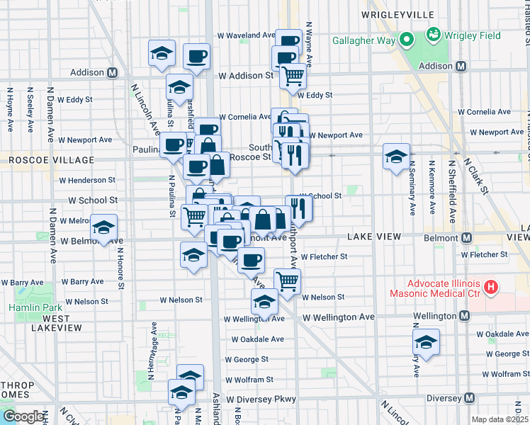 map of restaurants, bars, coffee shops, grocery stores, and more near 1442 West Melrose Street in Chicago