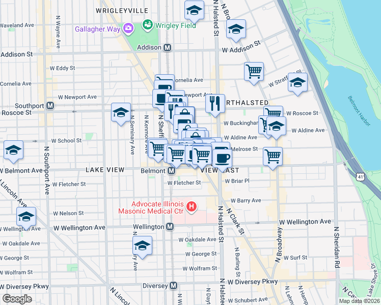 map of restaurants, bars, coffee shops, grocery stores, and more near 855 West Aldine Avenue in Chicago