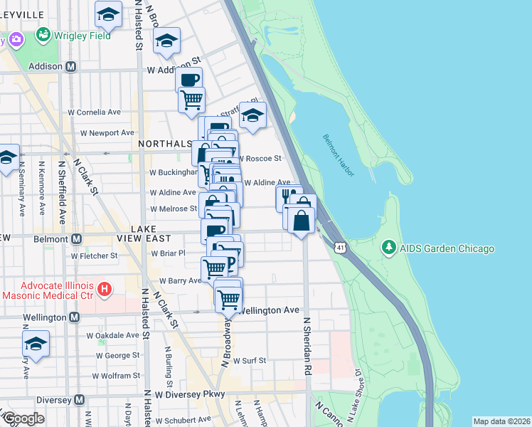 map of restaurants, bars, coffee shops, grocery stores, and more near 500 West Melrose Street in Chicago