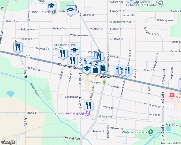 map of restaurants, bars, coffee shops, grocery stores, and more near 60 West Chicago Street in Coldwater