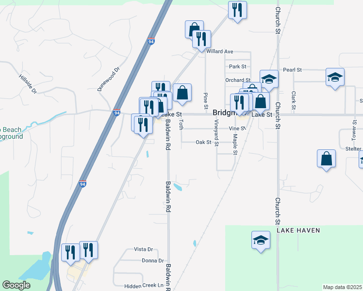 map of restaurants, bars, coffee shops, grocery stores, and more near 4423 Oak Street in Bridgman