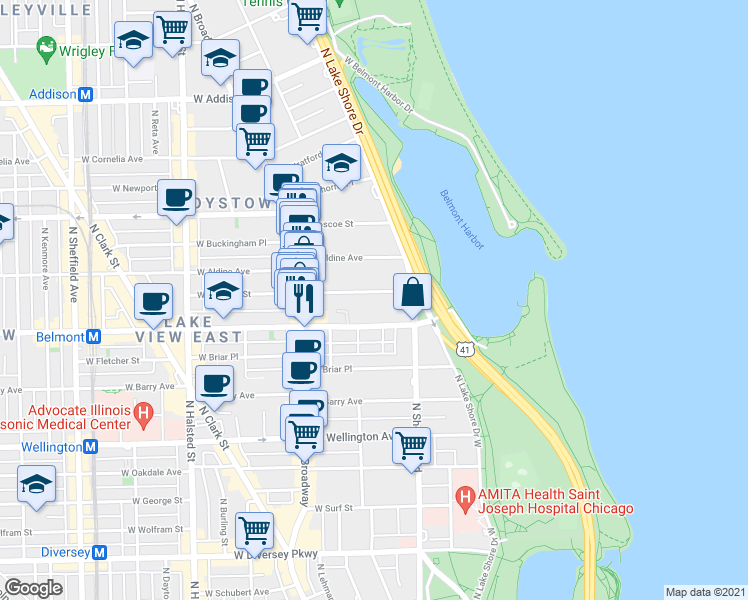map of restaurants, bars, coffee shops, grocery stores, and more near 500 West Melrose Street in Chicago