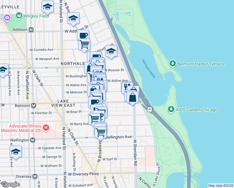 map of restaurants, bars, coffee shops, grocery stores, and more near 500 West Melrose Street in Chicago
