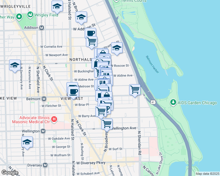 map of restaurants, bars, coffee shops, grocery stores, and more near 540 West Melrose Street in Chicago