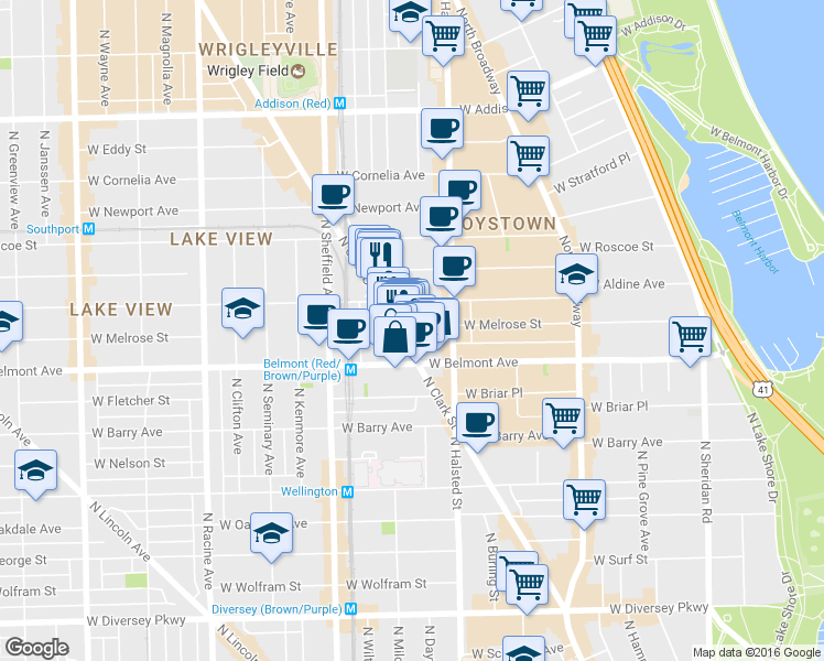 map of restaurants, bars, coffee shops, grocery stores, and more near 855 West Aldine Avenue in Chicago