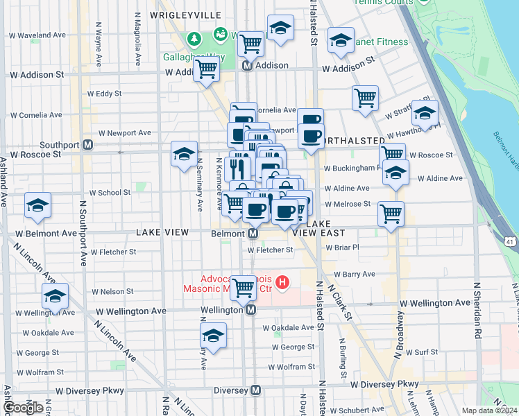 map of restaurants, bars, coffee shops, grocery stores, and more near 911 West School Street in Chicago