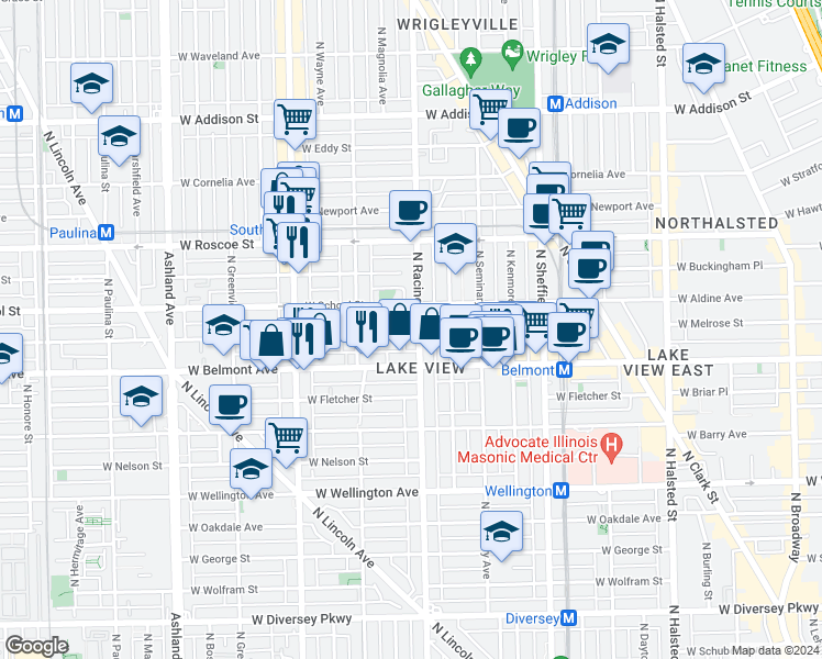 map of restaurants, bars, coffee shops, grocery stores, and more near 1225 West School Street in Chicago