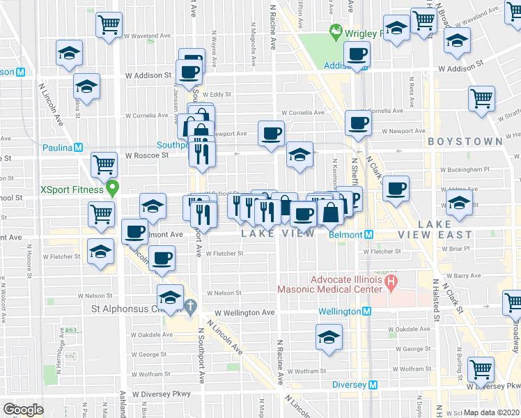 map of restaurants, bars, coffee shops, grocery stores, and more near 1225 West School Street in Chicago