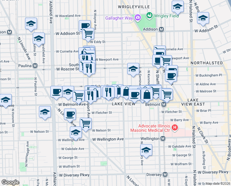 map of restaurants, bars, coffee shops, grocery stores, and more near 1225 West School Street in Chicago