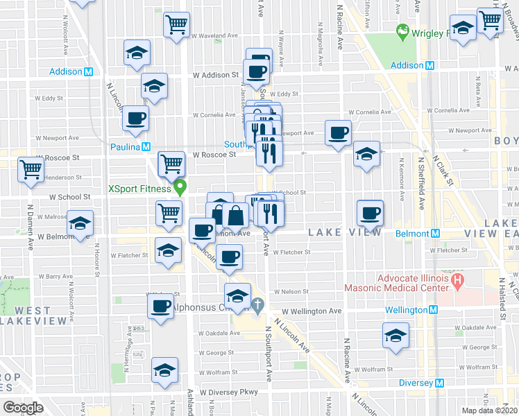 map of restaurants, bars, coffee shops, grocery stores, and more near 1415 West School Street in Chicago