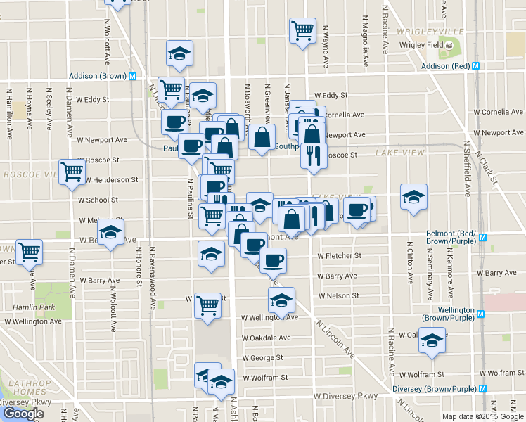 map of restaurants, bars, coffee shops, grocery stores, and more near 3244 North Greenview Avenue in Chicago