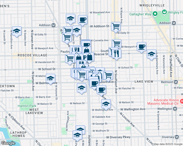 map of restaurants, bars, coffee shops, grocery stores, and more near 1529 West School Street in Chicago