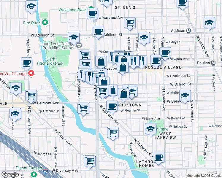 map of restaurants, bars, coffee shops, grocery stores, and more near 3303 North Oakley Avenue in Chicago
