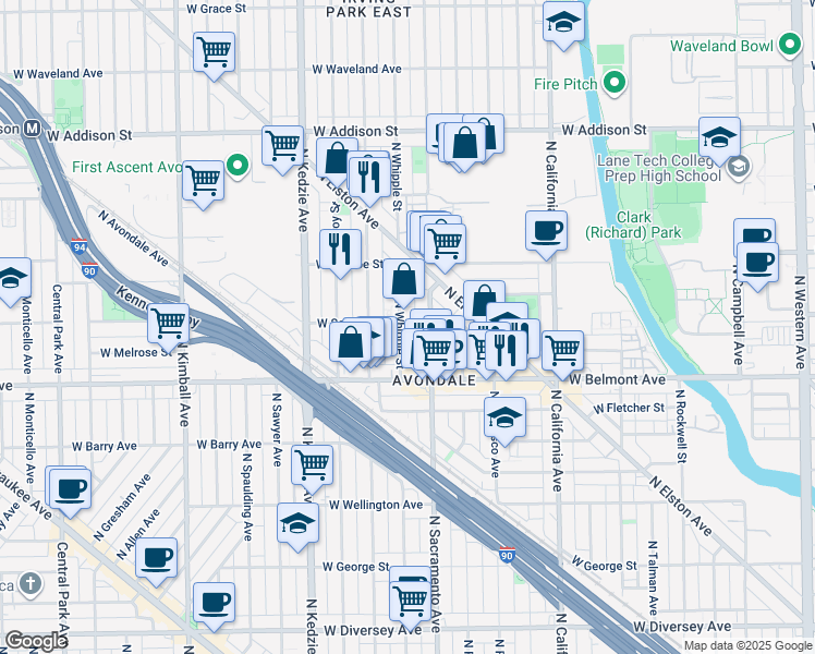 map of restaurants, bars, coffee shops, grocery stores, and more near 3311 North Whipple Street in Chicago